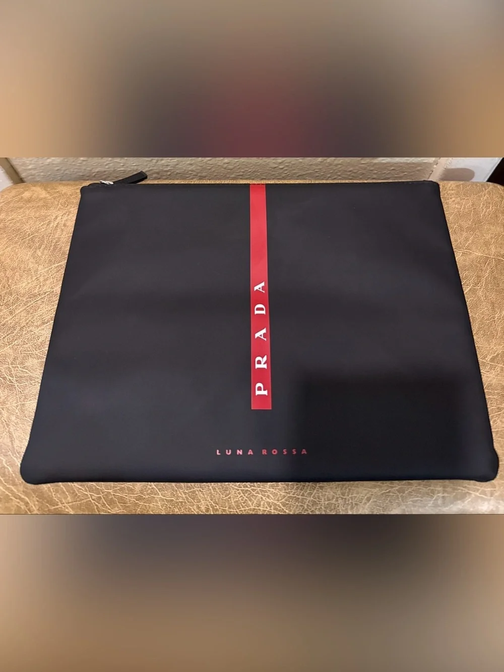 Prada Black Pouch with Red Vertical PRADA Stripe